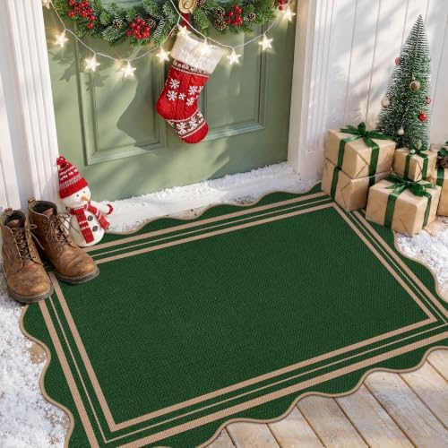 Easy Jute Green Christmas Front Door Mat, 2.6x4 Washable Entryway Rug Non Slip Small Kitchen Rug, Farmhouse Low Pile Floor Scalloped Rugs for Bathroom Porch Doorway by LORWER