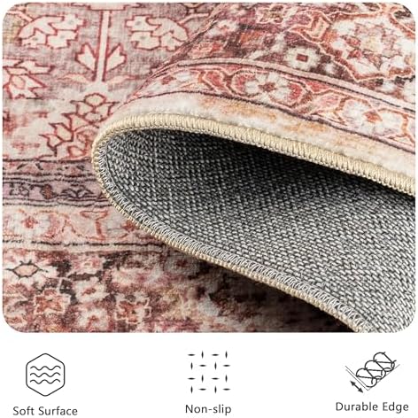 6x9 Area Rugs - Washable Vintage Retro Living Room Rug, Soft Ultra Thin Non Slip Low Pile Traditional Distressed Boho Carpet for Bedroom Dining Room Nursery Home Office, Vintage Iron Red - Image 5
