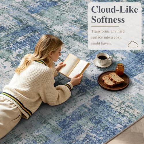 Sasttie 5ft Round Area Rug, Modern Abstract Circle Carpet, Blue & Green - Image 2