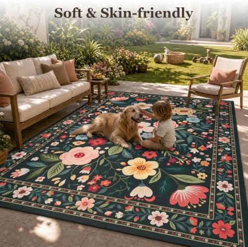 PADOOR Outdoor Rug 6x9 ft, Floral Washable Indoor Outdoor Area Rug, Flat‑Woven with Quick Dry Patio Carpet, Fade & Shed Resistant, Non‑Slip for Patio, Deck, Backyard, Porch, Living Room, Charcoal Grey - Image 6