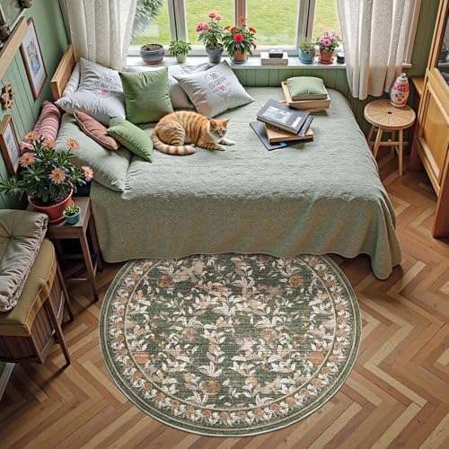 jinchan 4ft Round Rug Floral Vintage Washable Area Rug, Green - Image 5