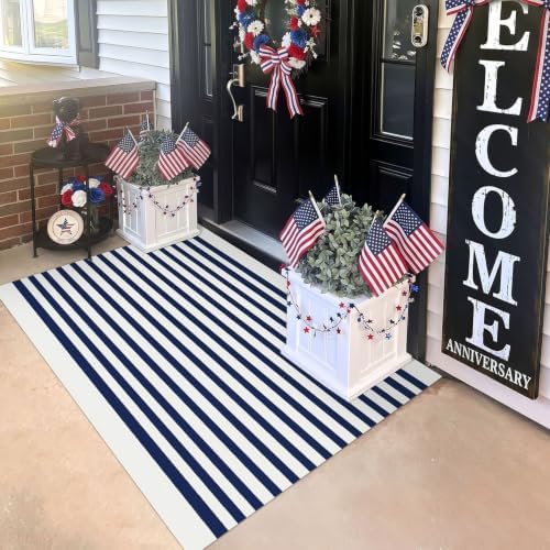 KILOCOCO Blue White Striped Rug 3'X5' Front Door Mat Indoor Washable Rugs - Image 3