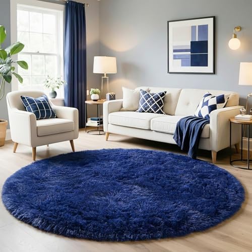 Amdrebio Navy Blue Large Fluffy Round Rug 7Ft for Living Room Boys Bedroom - Image 5