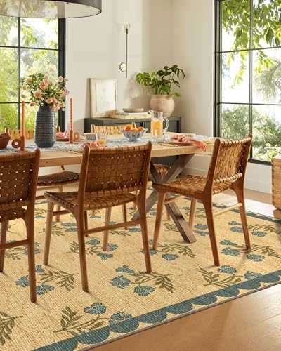 Floral 5x8 Living Room Rug, Blue Brown Scalloped Bedroom Area Rug - Image 6