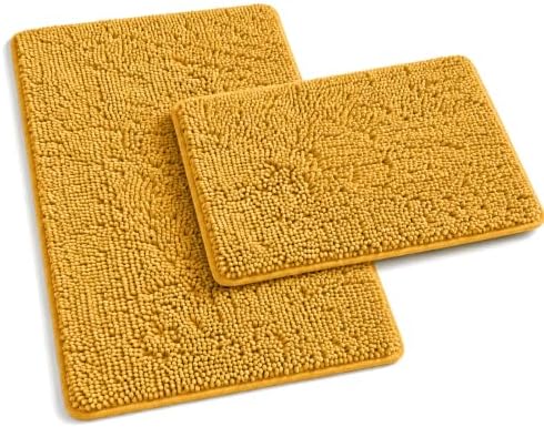 Bathroom Rugs Sets 2 Piece Extra Soft Chenille Bathroom Mats Non Slip Bath Mat Set,Absorbent Shaggy Rugs Perfect Plush Bath Rugs with U-Shaped Toilet Rug,Bathrom Carpets for Bathroom Gold by RUNHELIX