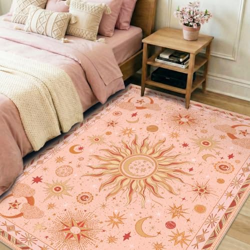 Vacuum-Friendly, 4x6 Washable Area Rug, Pink Gold Beige Red - Image 2