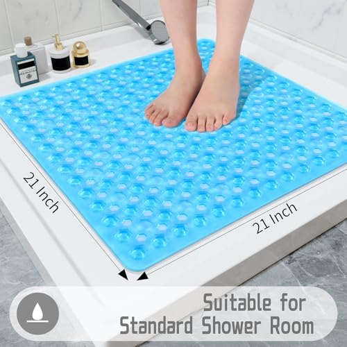 Yimobra Square Shower Floor Mat Non Slip, 21"X21" Machine Washable Bath Tub Mat, Soft on Feet, Bathmat with Drain Holes and Suction Cups, Fast Draining, Clear Blue - Image 5