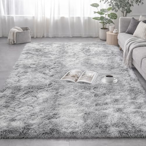 Area Rugs for Living Room Bedroom, 5x8 Fluffy Tie-Dyed Light Grey Shag Rug by ONASAR