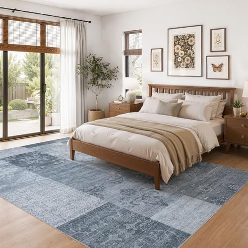 UERMEI 5x7 Area Rug for Living Room - Washable Vintage Carpet, Non-Slip Soft Large Indoor Floor Rugs for Bedroom Home Office & Under Dining Table Decor, Blue Block - Image 2