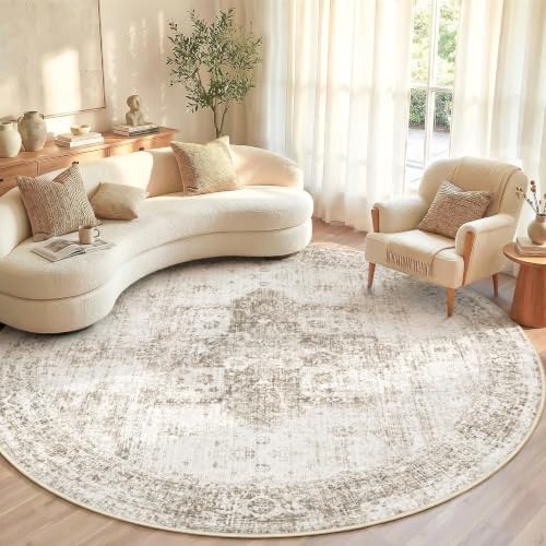 Round Rugs 6ft Washable Rug, Vintage Boho Medallion Rugs Non-Slip Soft Low Pile Circle Distressed Rug Indoor Retro Carpet for Living Room Bedroom Dining Room Home Office (Taupe, 6' Round) by VECARF