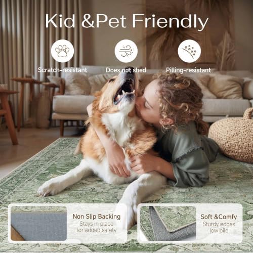 PureCozy Sage Green Area Rug 9x12 Living Room Vintage Non-Slip Carpet - Image 4