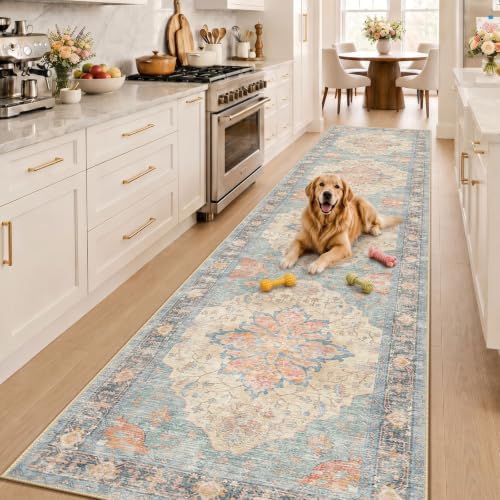 RELEANY Washable Area Rug, Runner 2'6"x12', Blue/Orange/Red by RELEANY