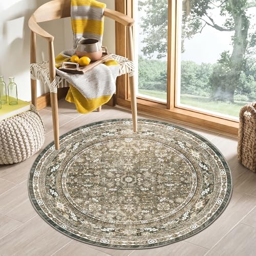 OPPODREAM Vintage Brown Area Rugs 3' Round, Washable Rug for Living Room by OPPODREAM
