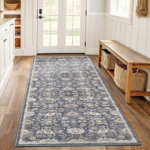 Amada 2x5 Washable Runner Rug for Kitchen, Blue/Brown, Vintage Pattern by AMADAHOMEFURNISHING