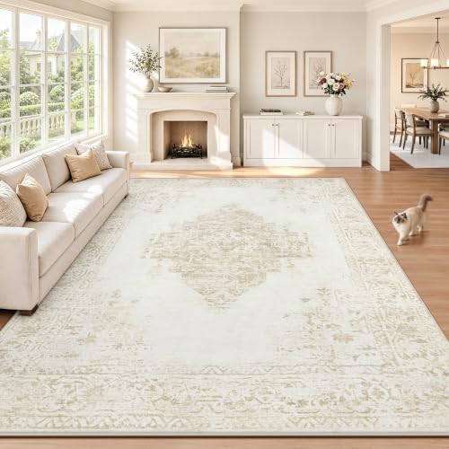 8x10 Area Rugs for Living Room: Washable Vintage Large Retro Rug Soft Non-Slip Indoor Low Pile Carpet for Bedroom Dining Room Office (Cream Beige, 8'x10') by TENGTENGLINK