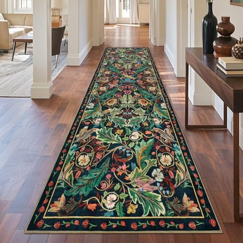 nesrt Boho Washable 3x10 Hallway Runner Rugs, Non Slip Floral Birds Long Kitchen Runners, Soft Jungle Birds Floor Carpet for Entryway, Low Pile Decor Rug for Hall Laundry Bedroom Bathroom (Dark Green) by nesrt