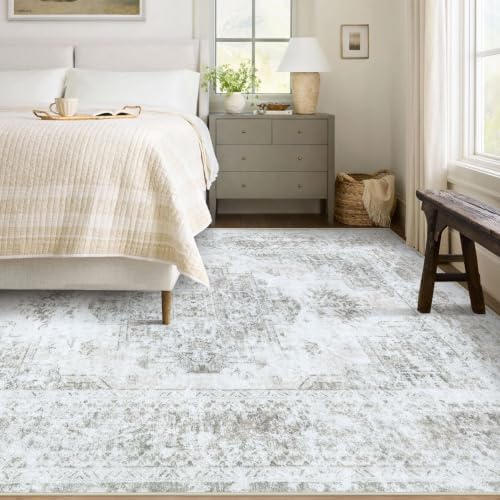 XLUEZ Area Rug 5x7 Living Room Rug, Machine Washable Vintage Distressed Medallion Rug Non-Slip Soft Low Pile Large Indoor Rugs for Bedroom Kitchen Dining Room Office(Taupe,5'x7') - Image 2