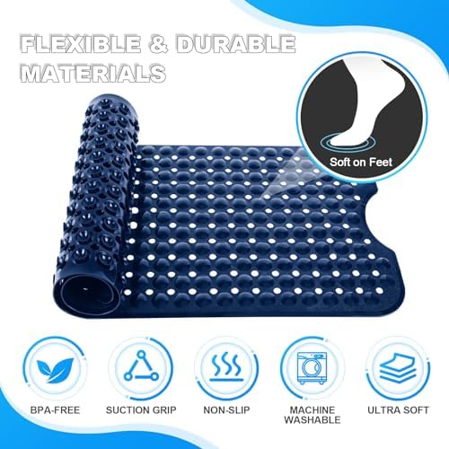 Bathtub and Shower Mats, 40x16 Inch Extra Large Non Slip Soft Bath Tub Mat with Suction Cups and Drain Holes for Bathroom Floor and Keep Tubs Clean, Machine Washable, Navy Blue - Image 5
