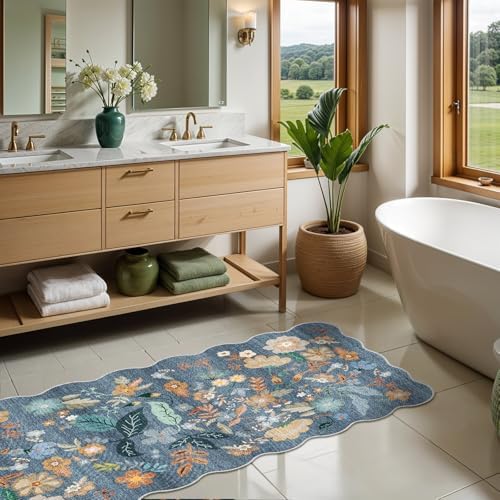 Washable 2x10 Runner Rug for Hallway: Floral Scalloped Kitchen Rugs Blue - Image 7
