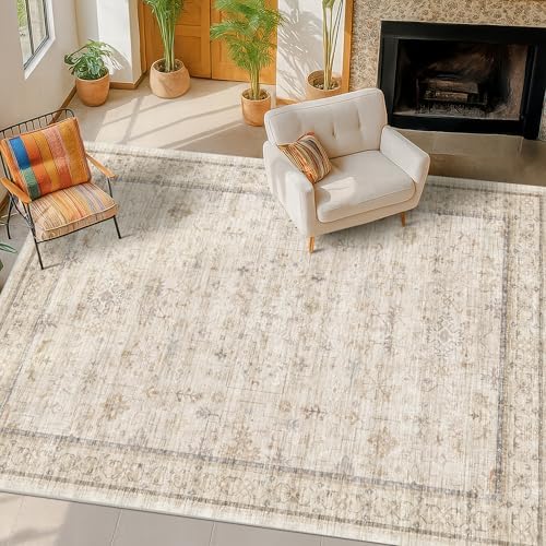 Washable Ivory 5x7 Rug for Bedroom, Home Office, Non Slip Dinning Rugs for Under Table, Low Pile Neutral Farmhouse Retro Living Room Carpet - Image 3