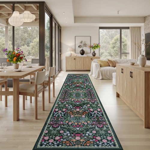 PLHXFR 2.6x14 Washable Runner Rug：Floral Indoor Kitchen Carpet Dark Green - Image 4
