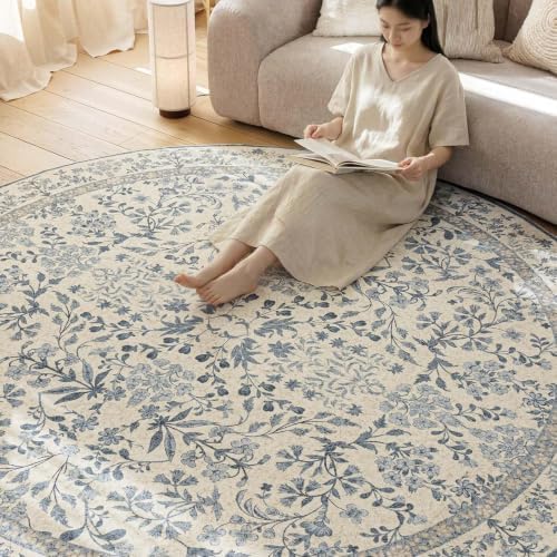 jinchan 8ft Washable Round Area Rug, Vintage Floral, Blue/Cream - Image 4