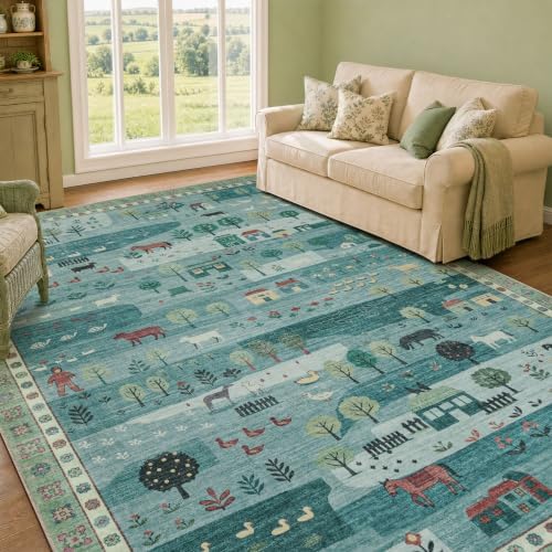 Machine Washable Area Rug 5x7, Soft Whimsical Rug, Vintage Farmhouse Green by SparkleGaze