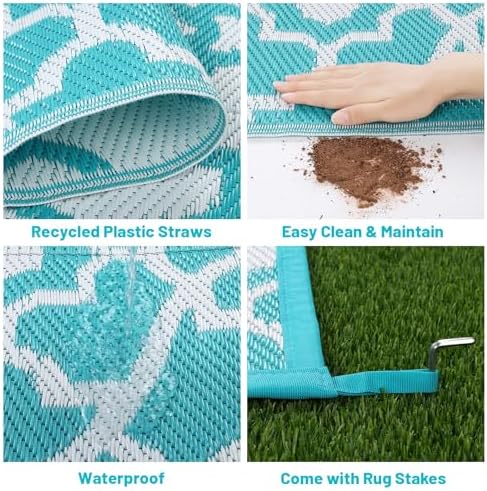 HEBE Waterproof Outdoor Rug 6'x9', Geometric Reversible Plastic Patio Rug - Image 4