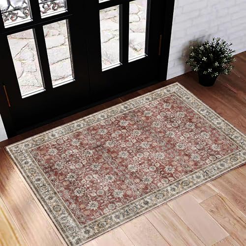 CHAMPLANT Washable Area Rug 2'x3' Door Mat Vintage Distressed Doormat Indoor Entrance Traditional Thin Rug Floral Print Non Slip Carpet for Kitchen Bathroom Bedroom Living Room by CHAMPLANT