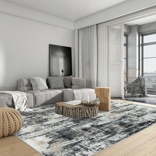8x10 Area Rugs for Living Room: Washable Abstract Black Grey Gold Carpet - Image 6