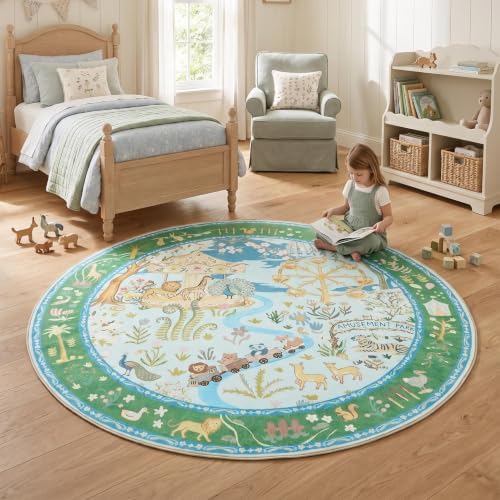 Tribesigns Washable Zoo Floral 6ft Round Kids Playroom Rug, Soft Cute Blue Nursery Rugs for Bedroom, Non-Slip Low Pile Indoor Animal Print Circle Carpet Rugs for Kids Room Living Room, Blue/6' Round - Image 2