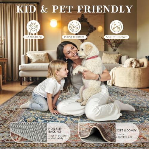 6x9 Area Rugs - Washable Vintage Retro Living Room Rug, Soft Ultra Thin Non Slip Low Pile Distressed Boho Traditional Carpet for Bedroom Dining Room Nursery Home Office, Rust Clay - Image 5