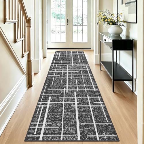 Non Slip Hallway Runner Rug 2x8,Modern Distressed Stripe, Washable Long Rug, Woven Thin Low Pile Carpet Runners for Hallway 10ft Entryway, Kitchen, Walkway- Gray - Image 2
