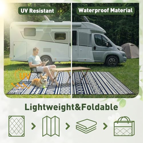 MontVoo Outdoor Rug 8x10 Waterproof Outdoor Patio Rug Mat Reverisble Plastic Straw Outdoor Rug for RV Camping Picnic Beach Balcony Boho Navy Blue - Image 6
