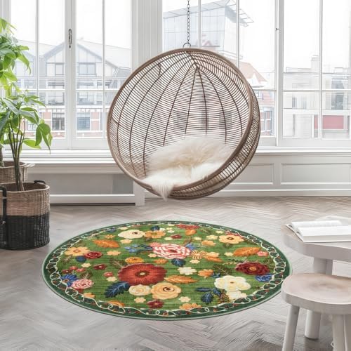 Washable 4ft Round Area Rug, Green Boho Floral Non-Slip for Bedroom Kitchen - Image 5