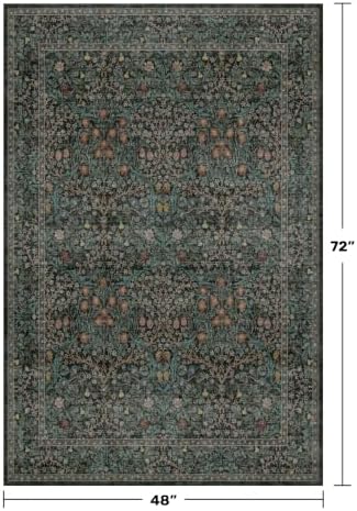 Dark Green 4x6 Entryway Rug, Washable Area Rug 4x6 for Living Room, Bedroom, Large Kitchen, Ultra Soft Non Slip Stain Resistance, Floral Distressed Aethestic Design - Image 2