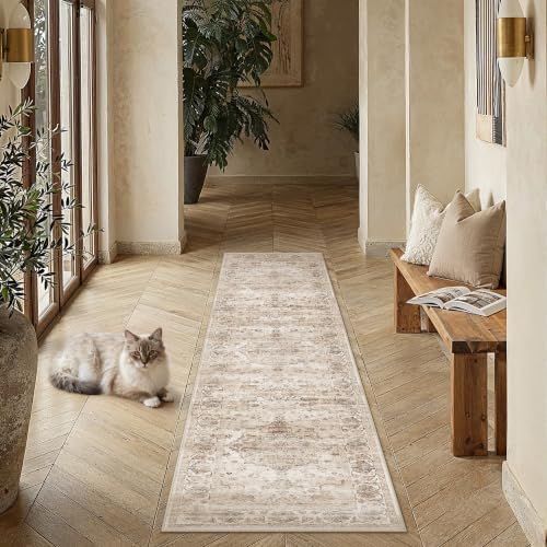 PureCozy Beige Runner Rug 2x8 Kitchen Vintage Floral Non-Slip Carpet by PureCozy