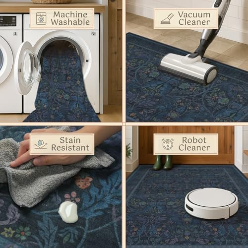 2x10 Extra Long Runner Rugs for Hallways, Non Slip Machine Washable Front Door Runner Indoor Entrance, Nature Floral Design Dark Blue Mats - Image 4