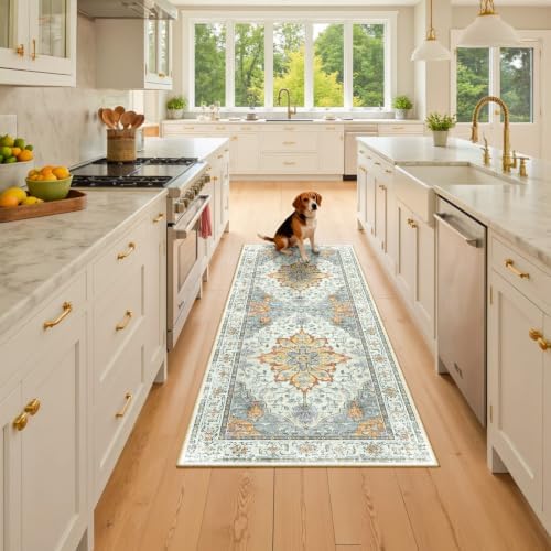 RELEANY Washable Area Rug, Runner 3'x8', Beige/Carbon Grey/Orange - Image 2