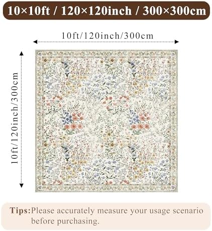 10x10 Square Area Rug Living Room: Boho Floral Washable Mat for Dining Room Bedroom Office High Traffic Area Soft Non Slip Low Pile Indoor Carpet for Vintage Farmhouse Home Decor (10ft Square, Beige) - Image 2