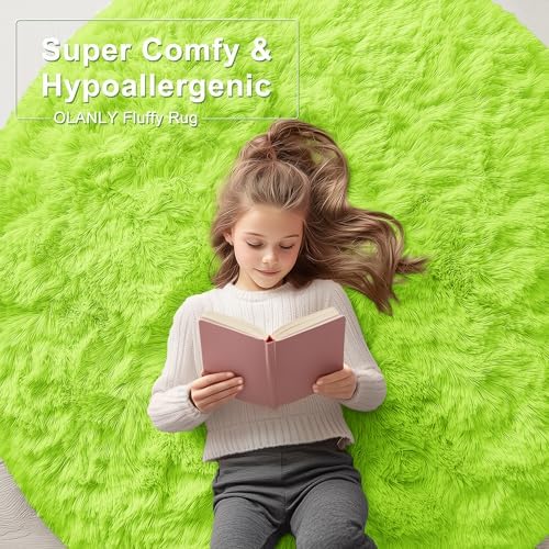 OLANLY Lime Green Round Rugs for Bedroom - Machine Washable, 4 ft Circle Area Rugs for Living Room, Soft and Fluffy Shaggy Carpet for Teen Girl and Boys, Nursery Rooms, Dorms, Home Decor Aesthetic - Image 6