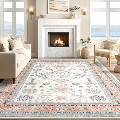 cotiled 9x12 Area Rug for Living Room, Washable, Traditional, Coral Pink - Image 5
