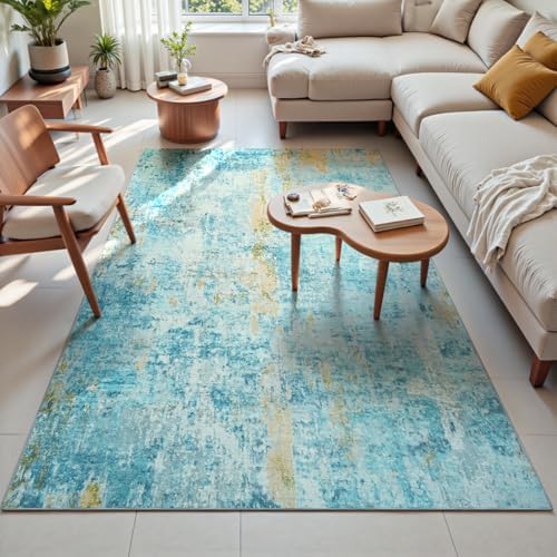 Ompaa Living Room Rug 5x7 Teal Blue Area Rug Machine Washable Boho Rug Non Slip Abstract Vintage Indoor Large Rugs for Bedroom, Classroom, College Dorm, Farmhouse, Dining Room, Kids Playroom by OmpaaHomeDecor