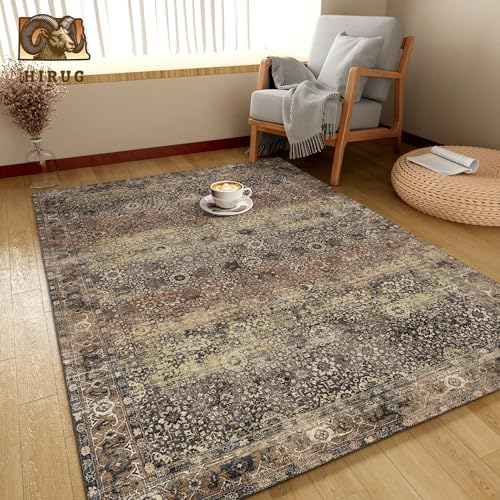 Washable Area Rug 5' x 7' Vintage Traditional Persian Mat - Foldable Distressed Non-Slip Machine Washable Carpet for Living Room Bedroom Kitchen Home Decor - Umber and Slate - Image 4