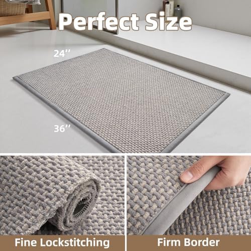 PADOOR-Bath Mat-Super Absorbent Chenille Bathroom Mats-Rubber Backed Bath Mats for Bathroom Non Slip, Easy Clean Bathroom Rugs Front of Bathtub,Shower Room,Sink-24×36, Grey&Beige - Image 2
