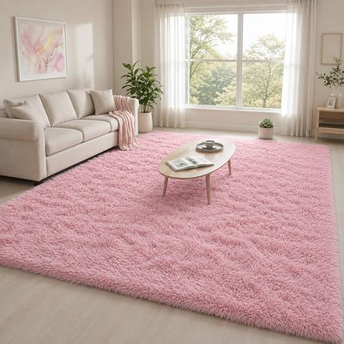 6x9 Ft Light Pink Fluffy Area Rug for Living Room, Washable by OHWPEAT