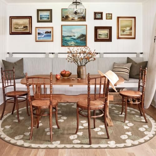 5x8 Living Room Oval Rug - Tan Floral Scalloped Bedroom Area Rug - Image 5