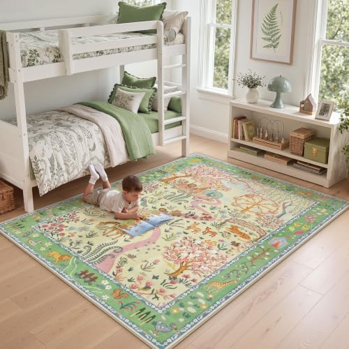 Tribesigns Washable Animal Floral 5x7 Kids Playroom Rug, Soft Cute Green Nursery Rugs for Bedroom, Non-Slip Low Pile Indoor Zoo Carpet Rugs for Kids Room Living Room, Green/5x7 - Image 3