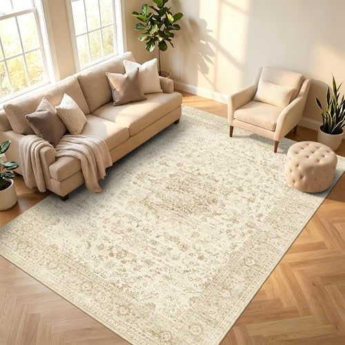 Beige Washable Rug 6x9, Non Slip Vintage Area Rug for Bedroom, Living Room by TTelephant