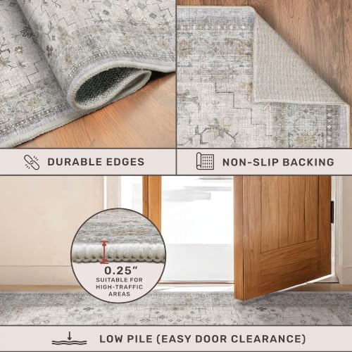 Boho Large 3x4 Bathroom Rug - Washable Low Pile Non-Slip Area Rugs for Entryway, Kitchen, Bedroom Beside Bed, Modern Vintage Neutral Light Gray & Sage Geometric Floral Decor - Image 5